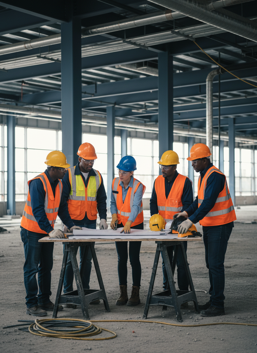 Construction managers and tradespeople reviewing plans on a job site
