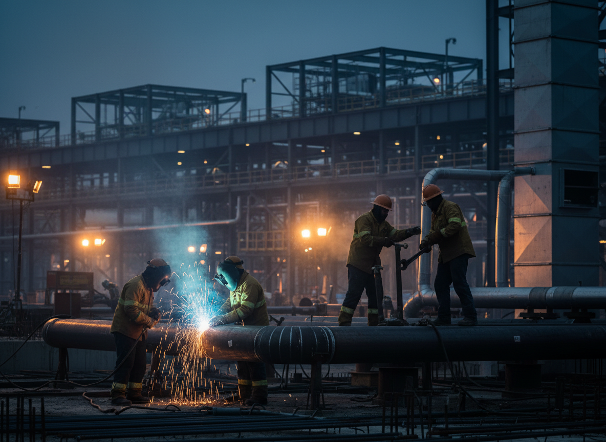 Skilled tradespeople welding and fitting pipe on a commercial construction site